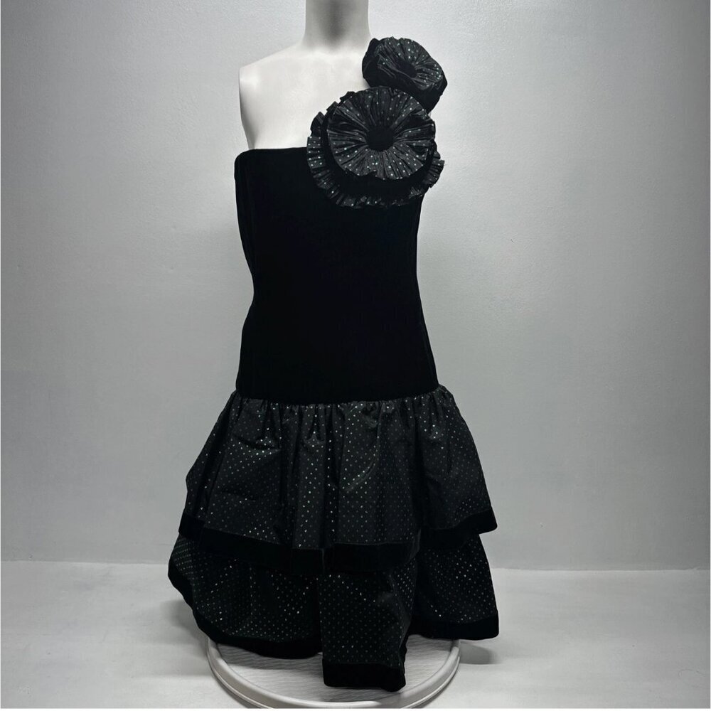Victor Costa Dress One Shoulder Ruffled Velvet Polka Dot Black Green Vintage 12
